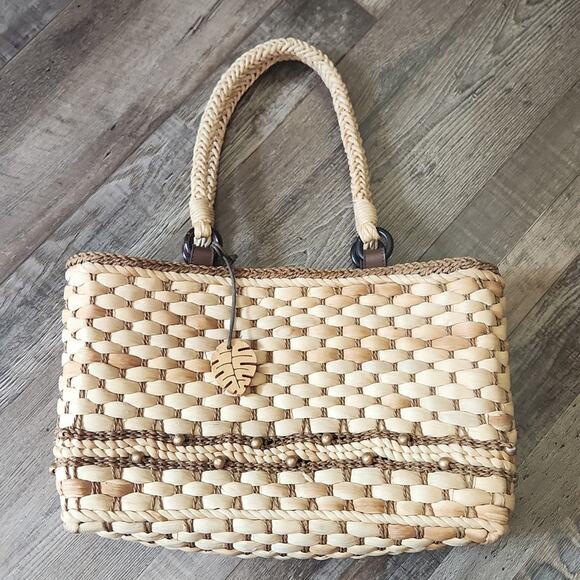 Woven Tan and Brown Cornhusk Purse Handbag Boho Native Neutral Beaded Tropical - Picture 1 of 13